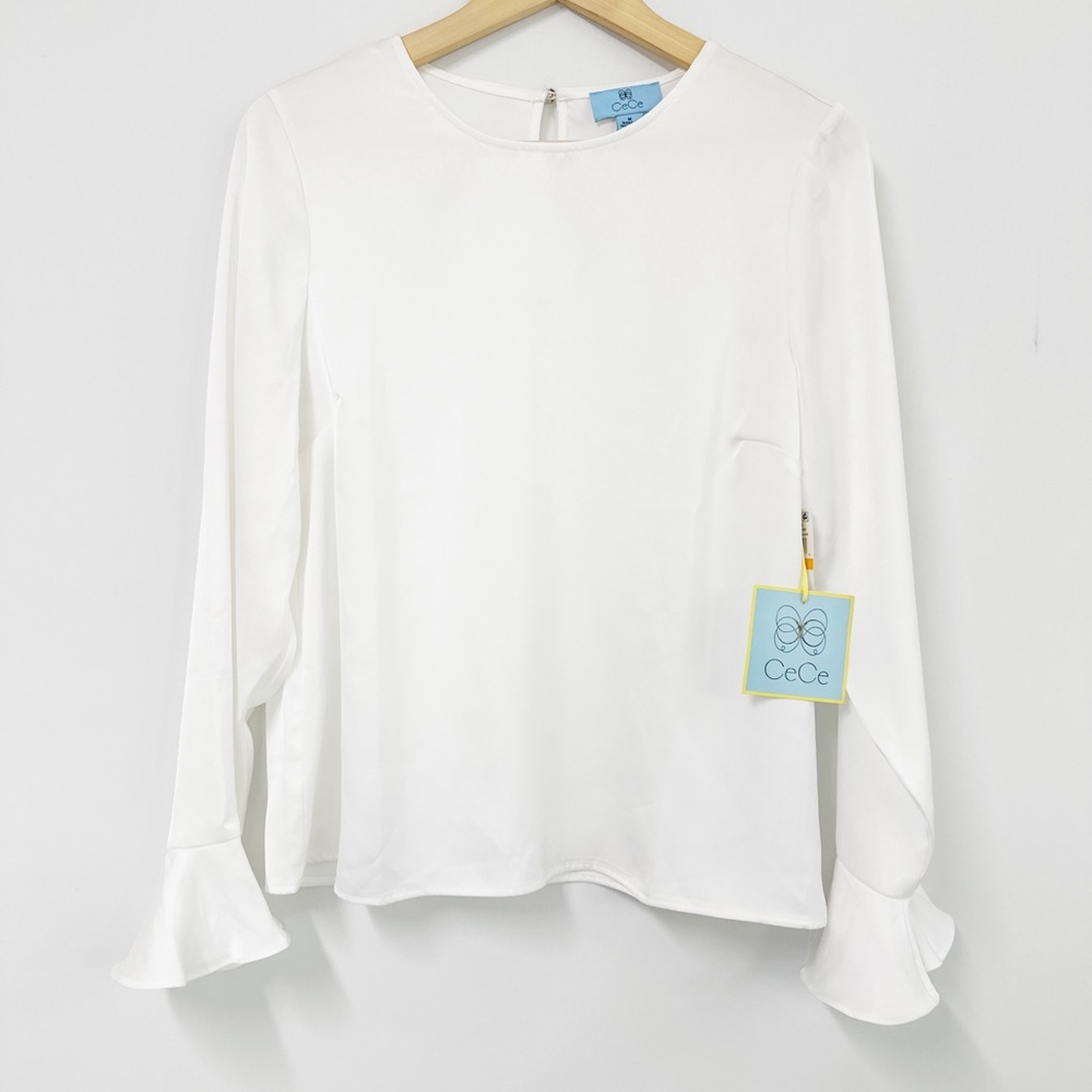 CeCe crew neck satin long sleeve blouse white M